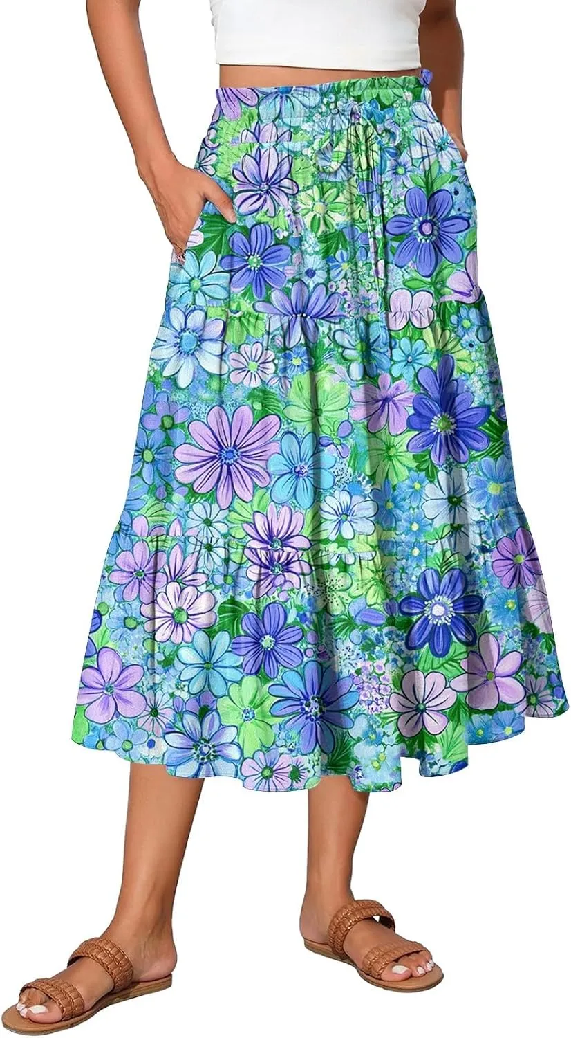 Womens Maxi Skirt Drawstring High Waisted Summer Skirts Lightweight Tiered Flowy Floral Pleated Skirts with Pockets