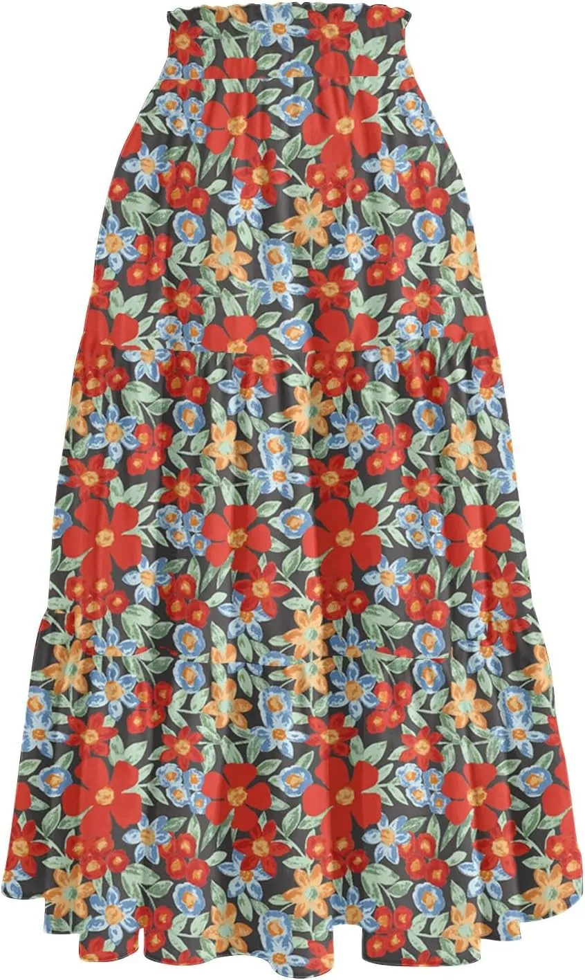 Womens Maxi Skirt Drawstring High Waisted Summer Skirts Lightweight Tiered Flowy Floral Pleated Skirts with Pockets