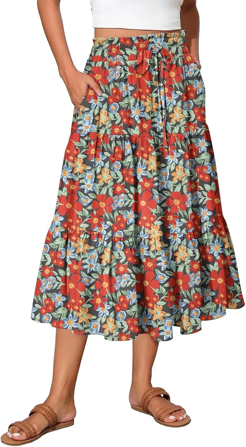 Womens Maxi Skirt Drawstring High Waisted Summer Skirts Lightweight Tiered Flowy Floral Pleated Skirts with Pockets