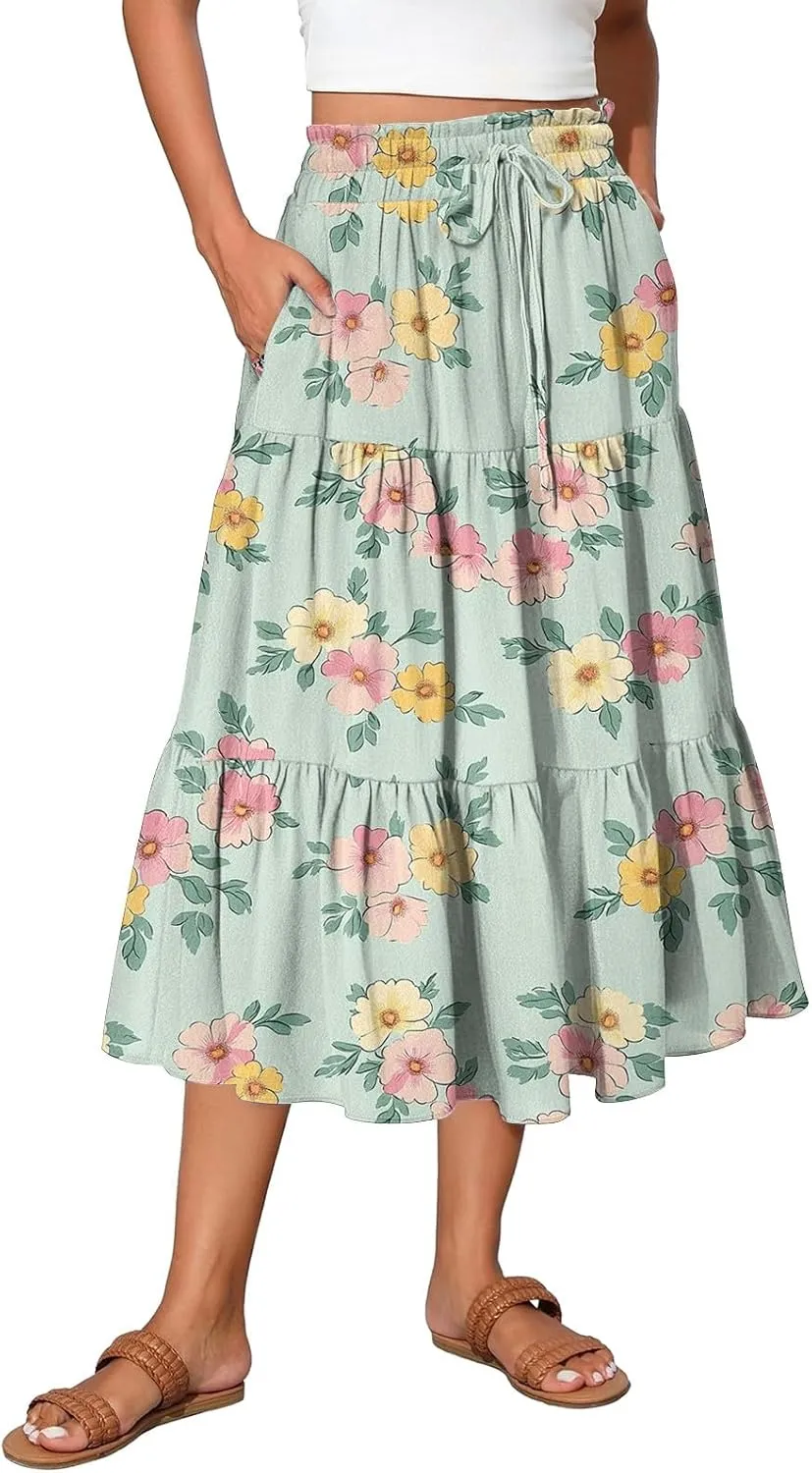 Womens Maxi Skirt Drawstring High Waisted Summer Skirts Lightweight Tiered Flowy Floral Pleated Skirts with Pockets