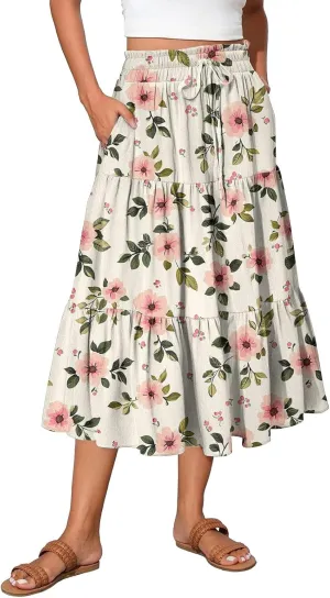 Womens Maxi Skirt Drawstring High Waisted Summer Skirts Lightweight Tiered Flowy Floral Pleated Skirts with Pockets