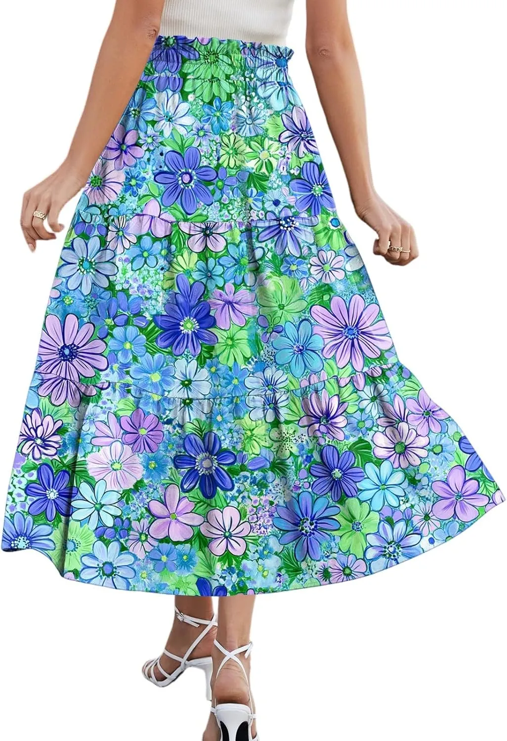 Womens Maxi Skirt Drawstring High Waisted Summer Skirts Lightweight Tiered Flowy Floral Pleated Skirts with Pockets
