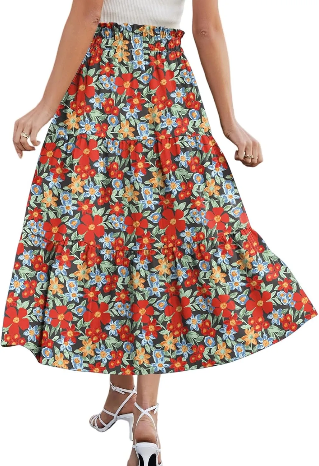 Womens Maxi Skirt Drawstring High Waisted Summer Skirts Lightweight Tiered Flowy Floral Pleated Skirts with Pockets