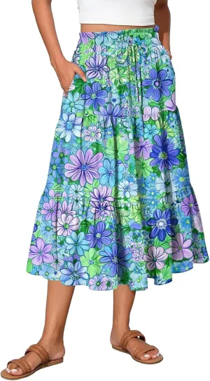 Womens Maxi Skirt Drawstring High Waisted Summer Skirts Lightweight Tiered Flowy Floral Pleated Skirts with Pockets