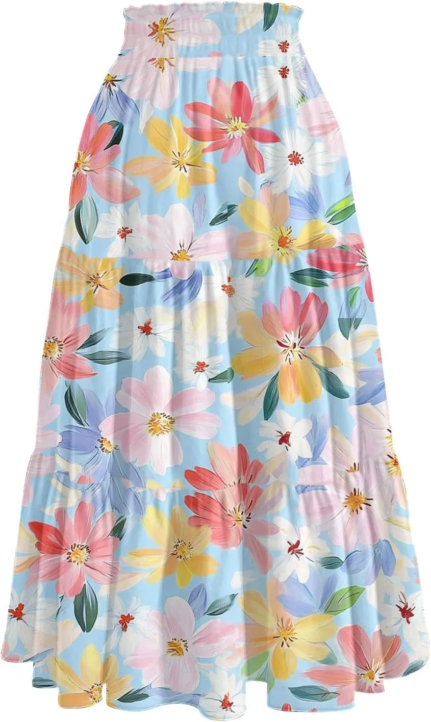 Womens Maxi Skirt Drawstring High Waisted Summer Skirts Lightweight Tiered Flowy Floral Pleated Skirts with Pockets