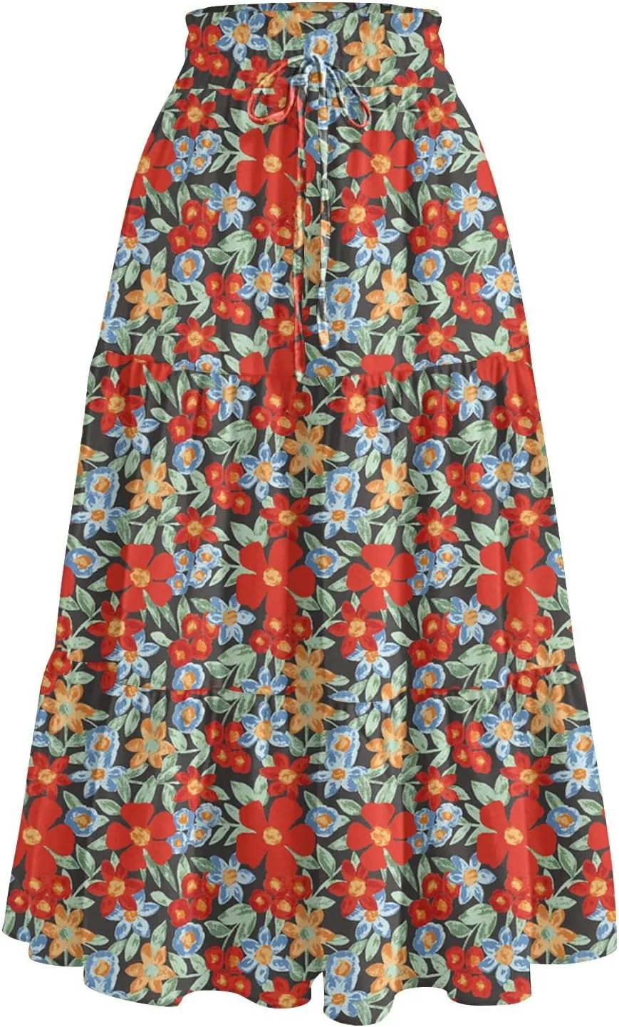 Womens Maxi Skirt Drawstring High Waisted Summer Skirts Lightweight Tiered Flowy Floral Pleated Skirts with Pockets