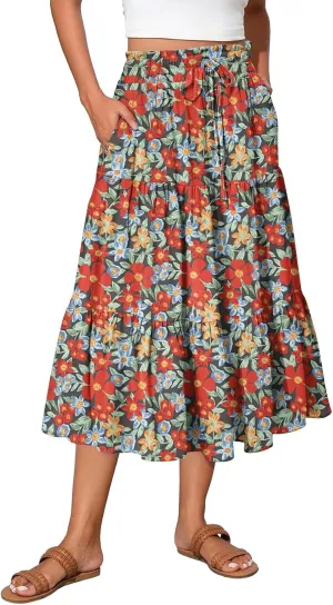 Womens Maxi Skirt Drawstring High Waisted Summer Skirts Lightweight Tiered Flowy Floral Pleated Skirts with Pockets