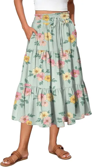Womens Maxi Skirt Drawstring High Waisted Summer Skirts Lightweight Tiered Flowy Floral Pleated Skirts with Pockets