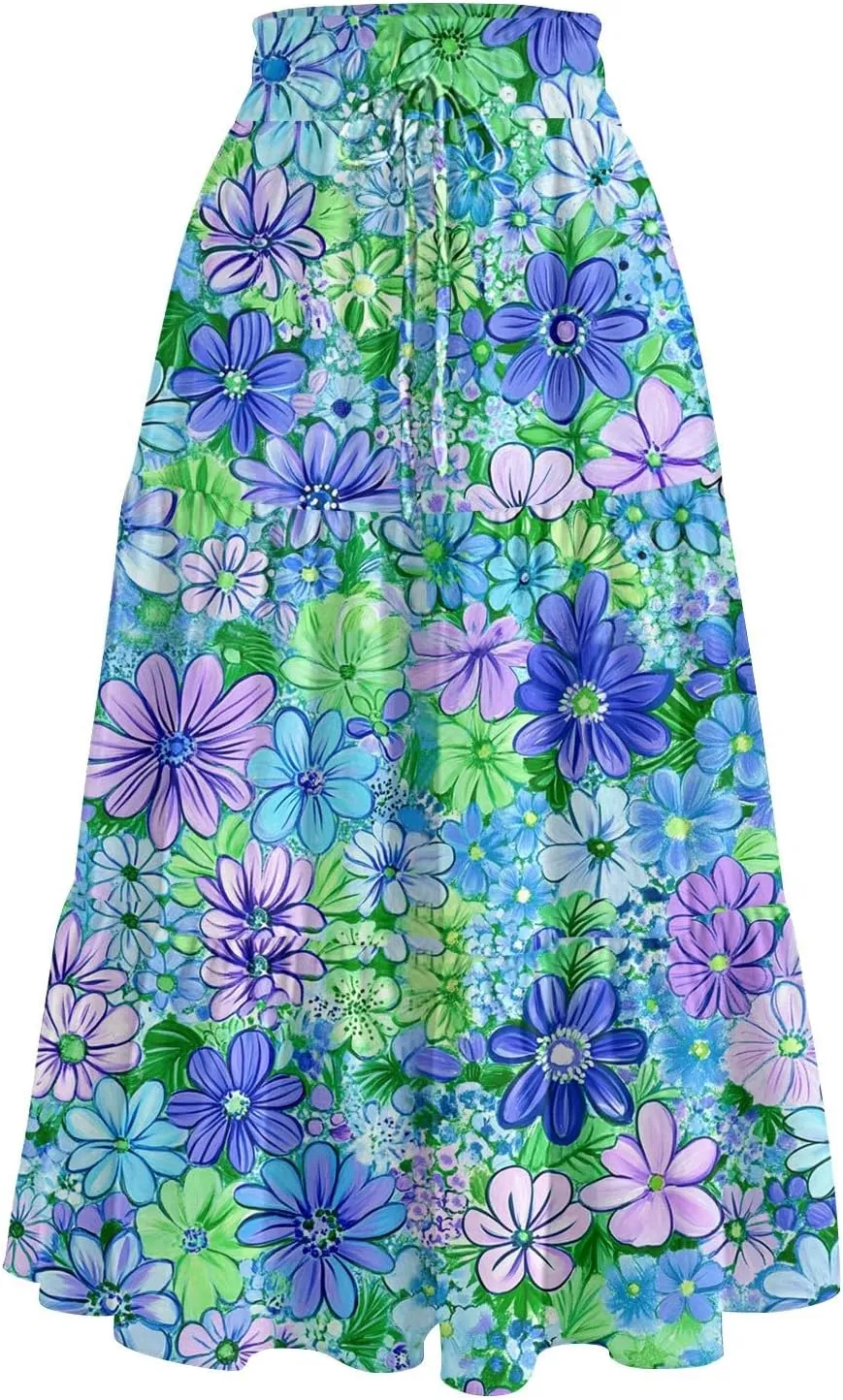 Womens Maxi Skirt Drawstring High Waisted Summer Skirts Lightweight Tiered Flowy Floral Pleated Skirts with Pockets
