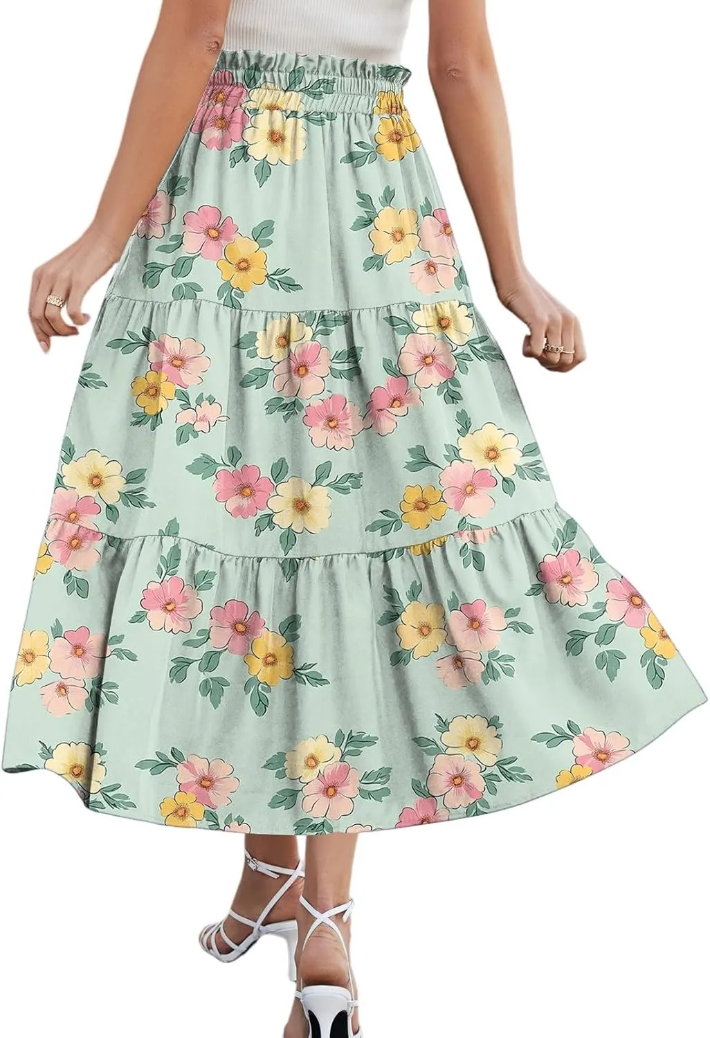 Womens Maxi Skirt Drawstring High Waisted Summer Skirts Lightweight Tiered Flowy Floral Pleated Skirts with Pockets