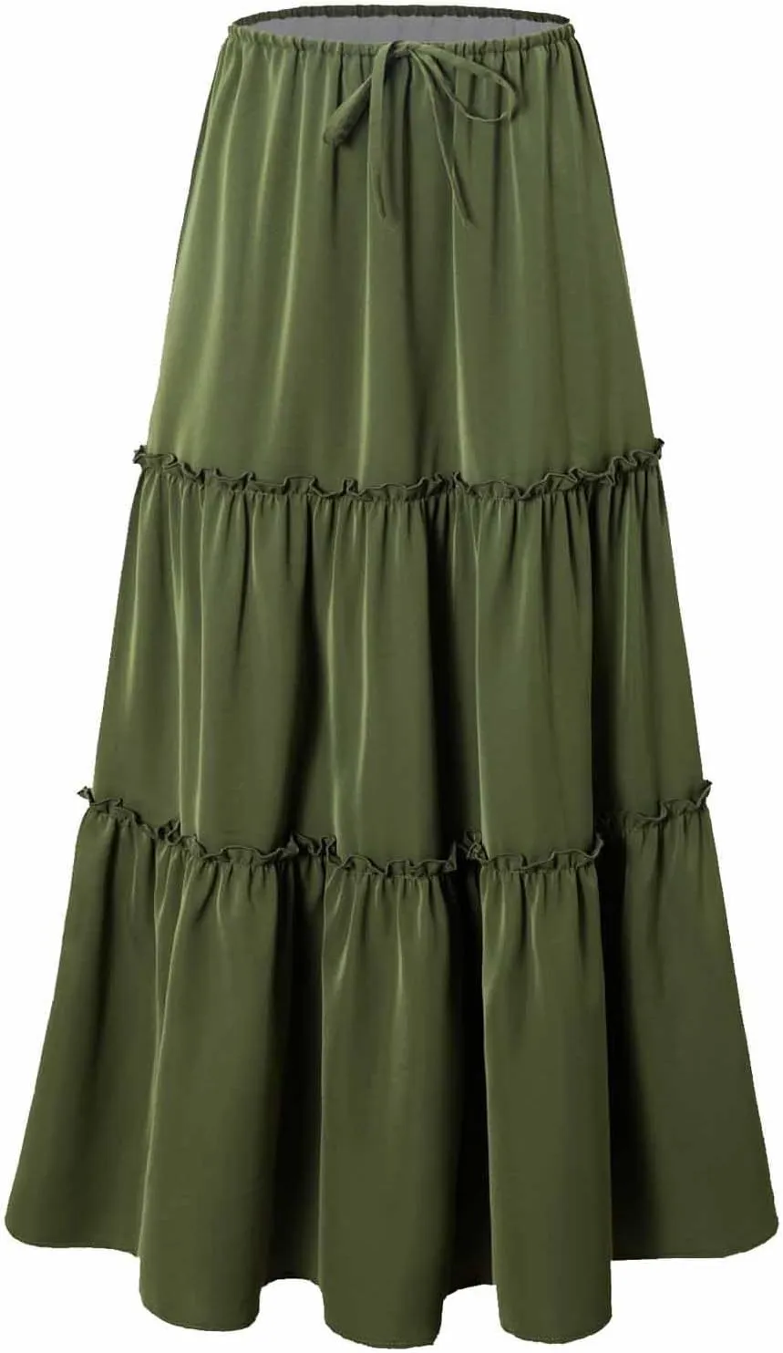 Womens Maxi Skirts Summer Solid Color High Waist Pleated A Line Swing Tiered Skirt Casual Fashion Flowy Boho Skirts