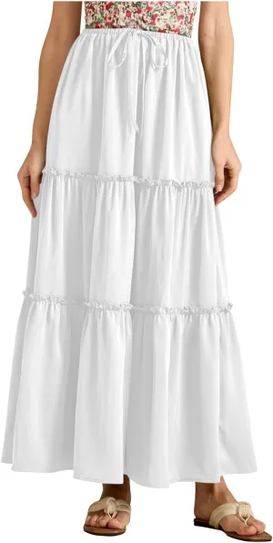 Womens Maxi Skirts Summer Solid Color High Waist Pleated A Line Swing Tiered Skirt Casual Fashion Flowy Boho Skirts