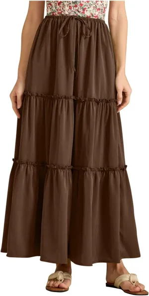 Womens Maxi Skirts Summer Solid Color High Waist Pleated A Line Swing Tiered Skirt Casual Fashion Flowy Boho Skirts