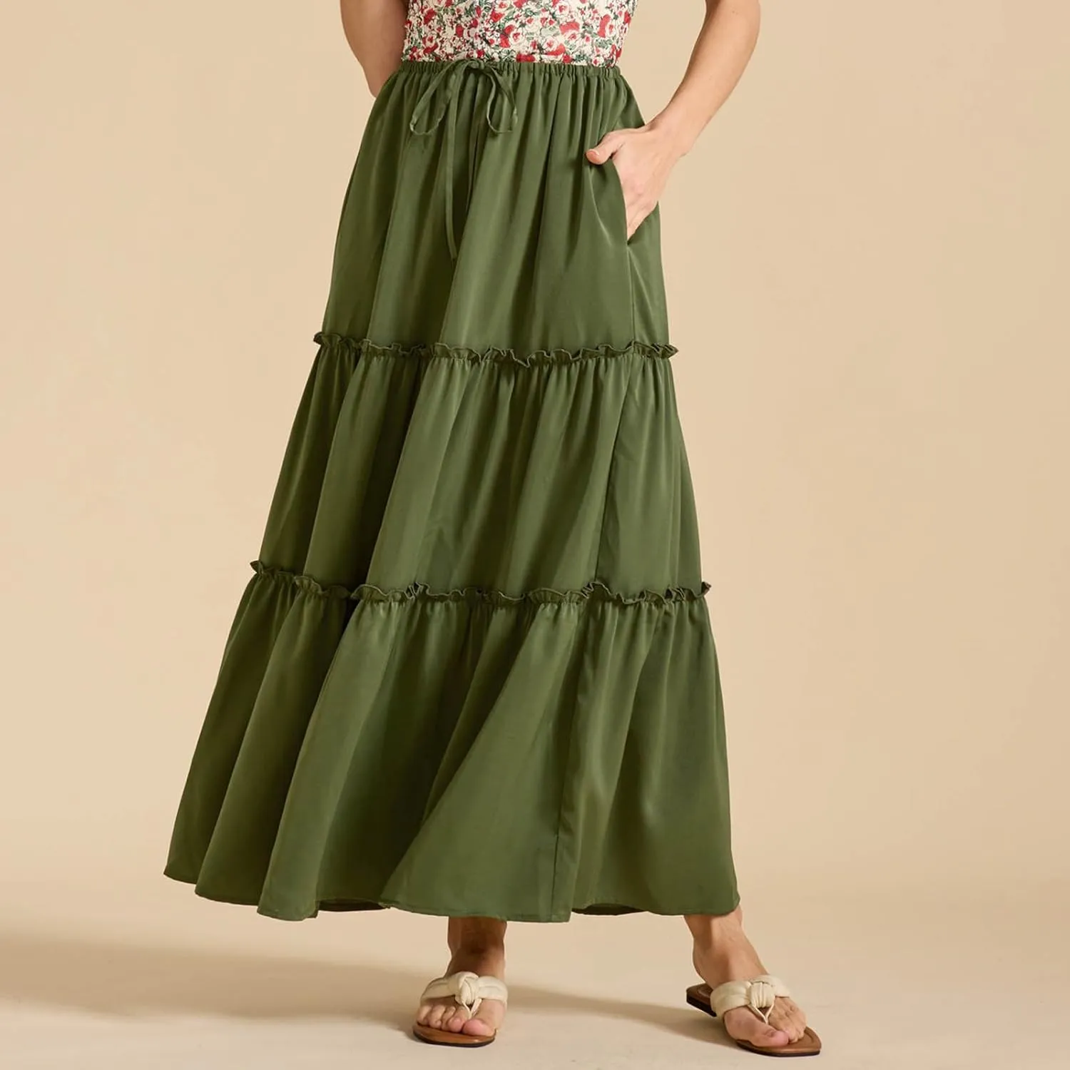 Womens Maxi Skirts Summer Solid Color High Waist Pleated A Line Swing Tiered Skirt Casual Fashion Flowy Boho Skirts
