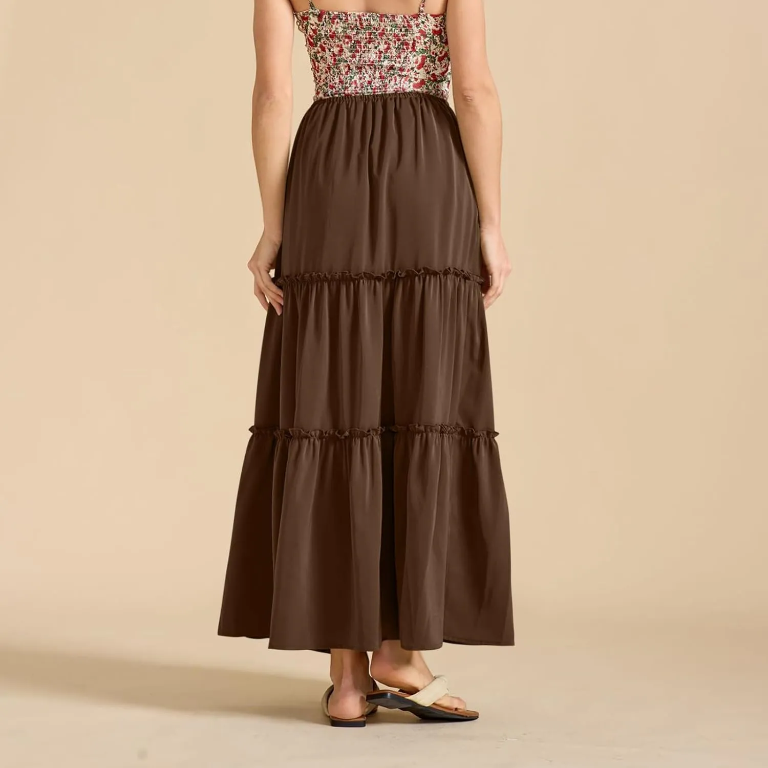 Womens Maxi Skirts Summer Solid Color High Waist Pleated A Line Swing Tiered Skirt Casual Fashion Flowy Boho Skirts
