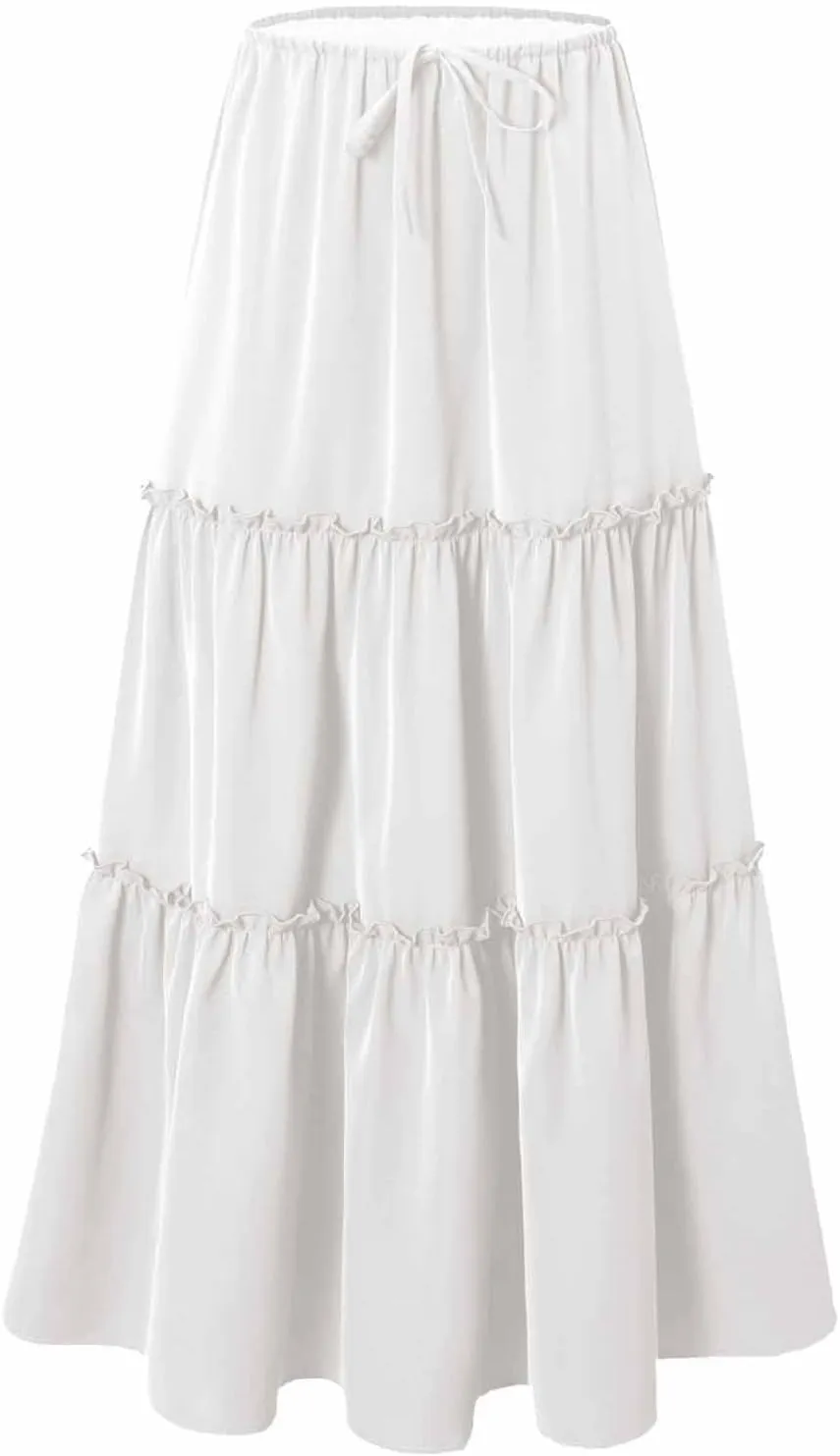 Womens Maxi Skirts Summer Solid Color High Waist Pleated A Line Swing Tiered Skirt Casual Fashion Flowy Boho Skirts