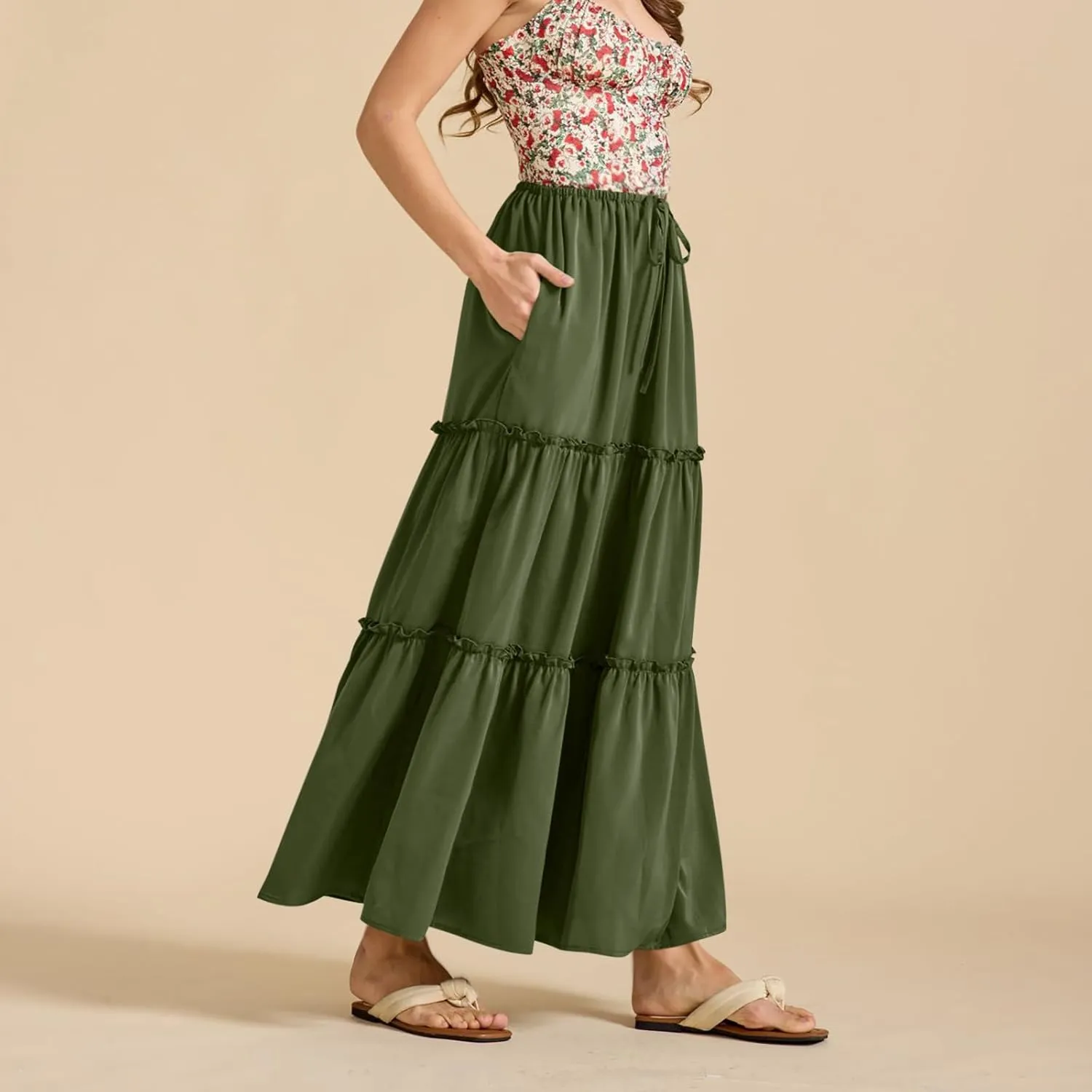 Womens Maxi Skirts Summer Solid Color High Waist Pleated A Line Swing Tiered Skirt Casual Fashion Flowy Boho Skirts