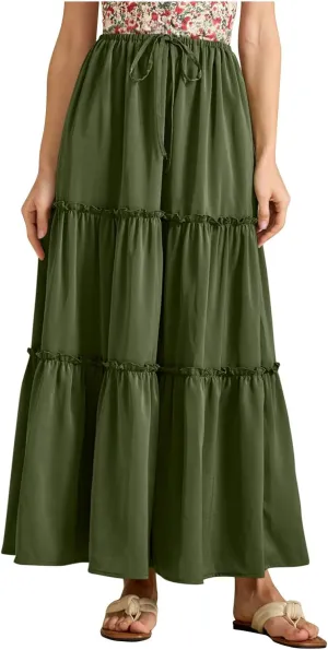 Womens Maxi Skirts Summer Solid Color High Waist Pleated A Line Swing Tiered Skirt Casual Fashion Flowy Boho Skirts