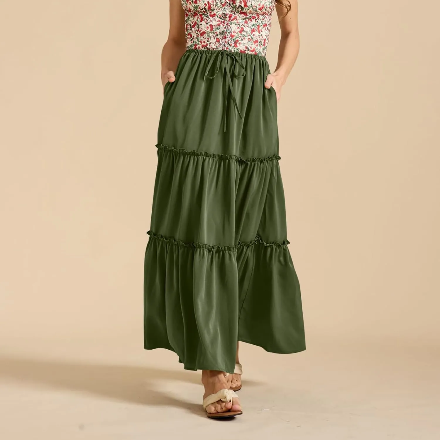 Womens Maxi Skirts Summer Solid Color High Waist Pleated A Line Swing Tiered Skirt Casual Fashion Flowy Boho Skirts