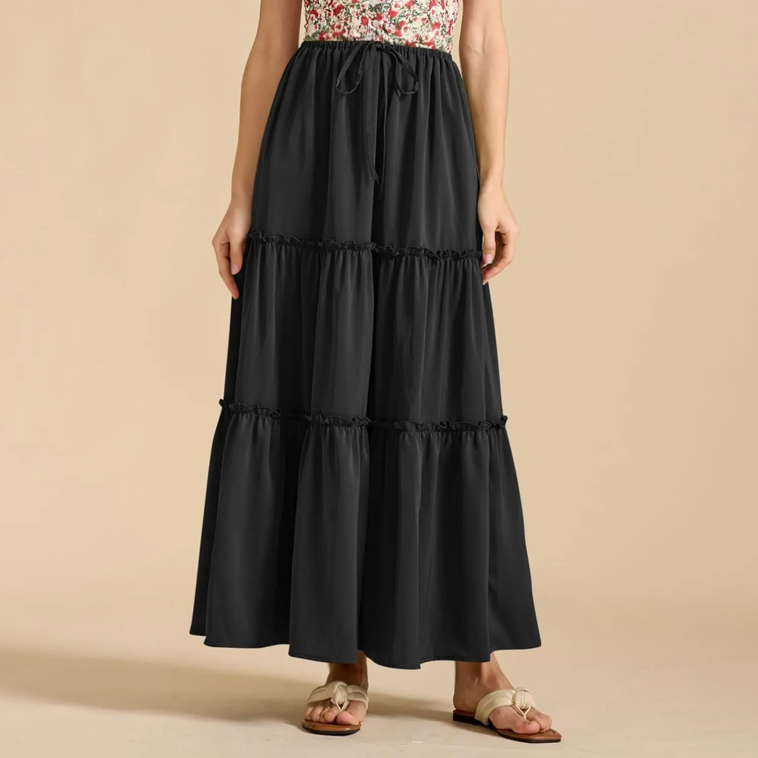 Womens Maxi Skirts Summer Solid Color High Waist Pleated A Line Swing Tiered Skirt Casual Fashion Flowy Boho Skirts