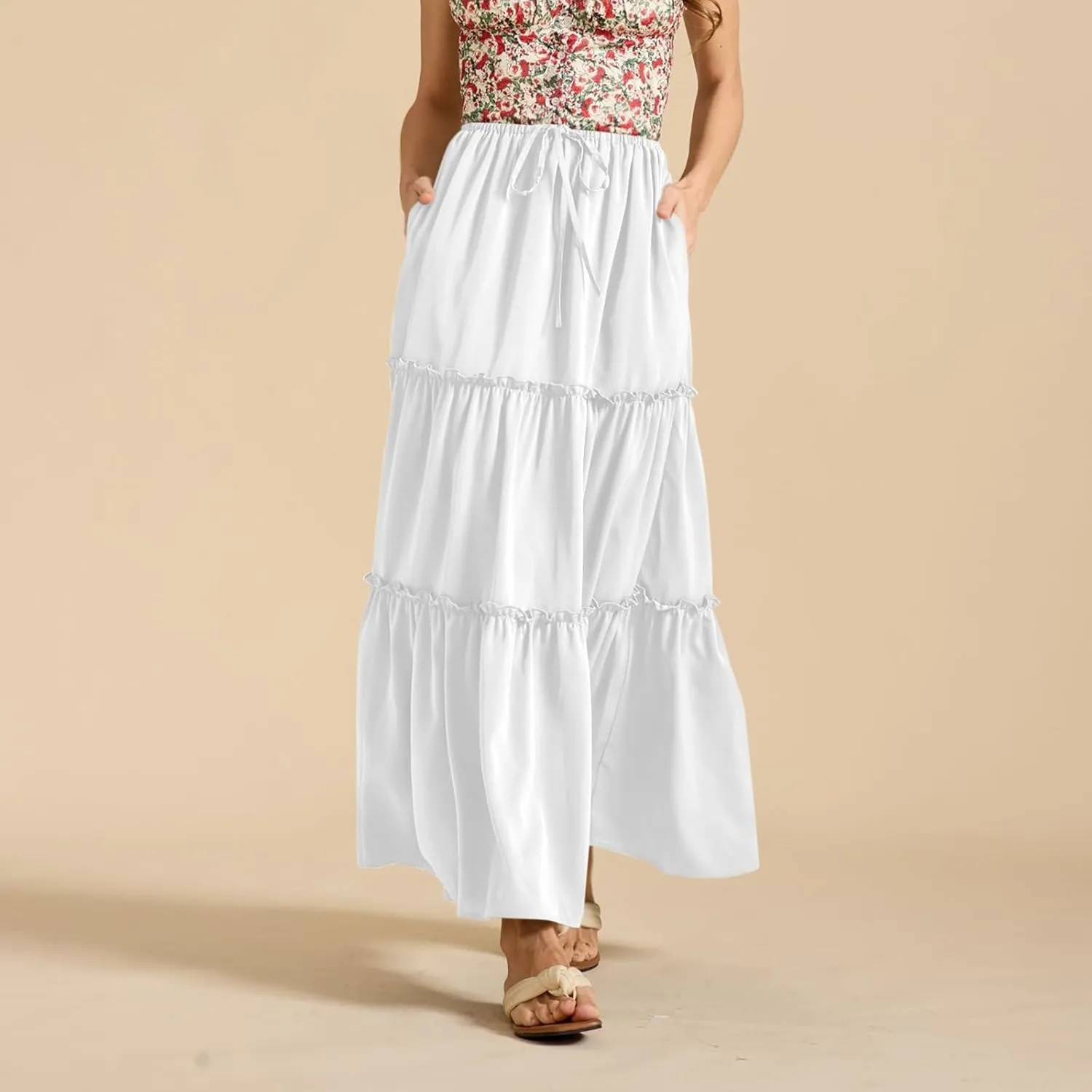 Womens Maxi Skirts Summer Solid Color High Waist Pleated A Line Swing Tiered Skirt Casual Fashion Flowy Boho Skirts