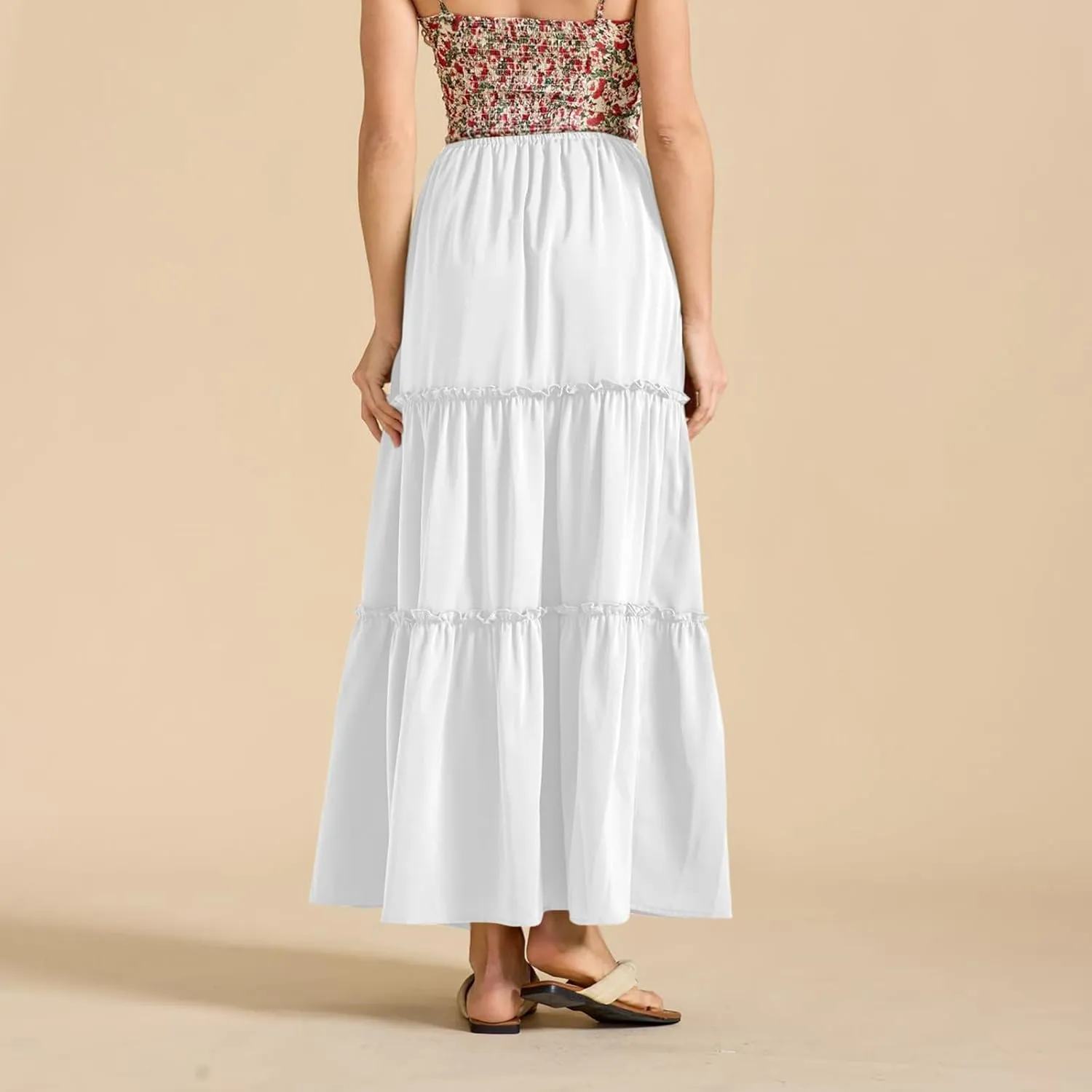 Womens Maxi Skirts Summer Solid Color High Waist Pleated A Line Swing Tiered Skirt Casual Fashion Flowy Boho Skirts