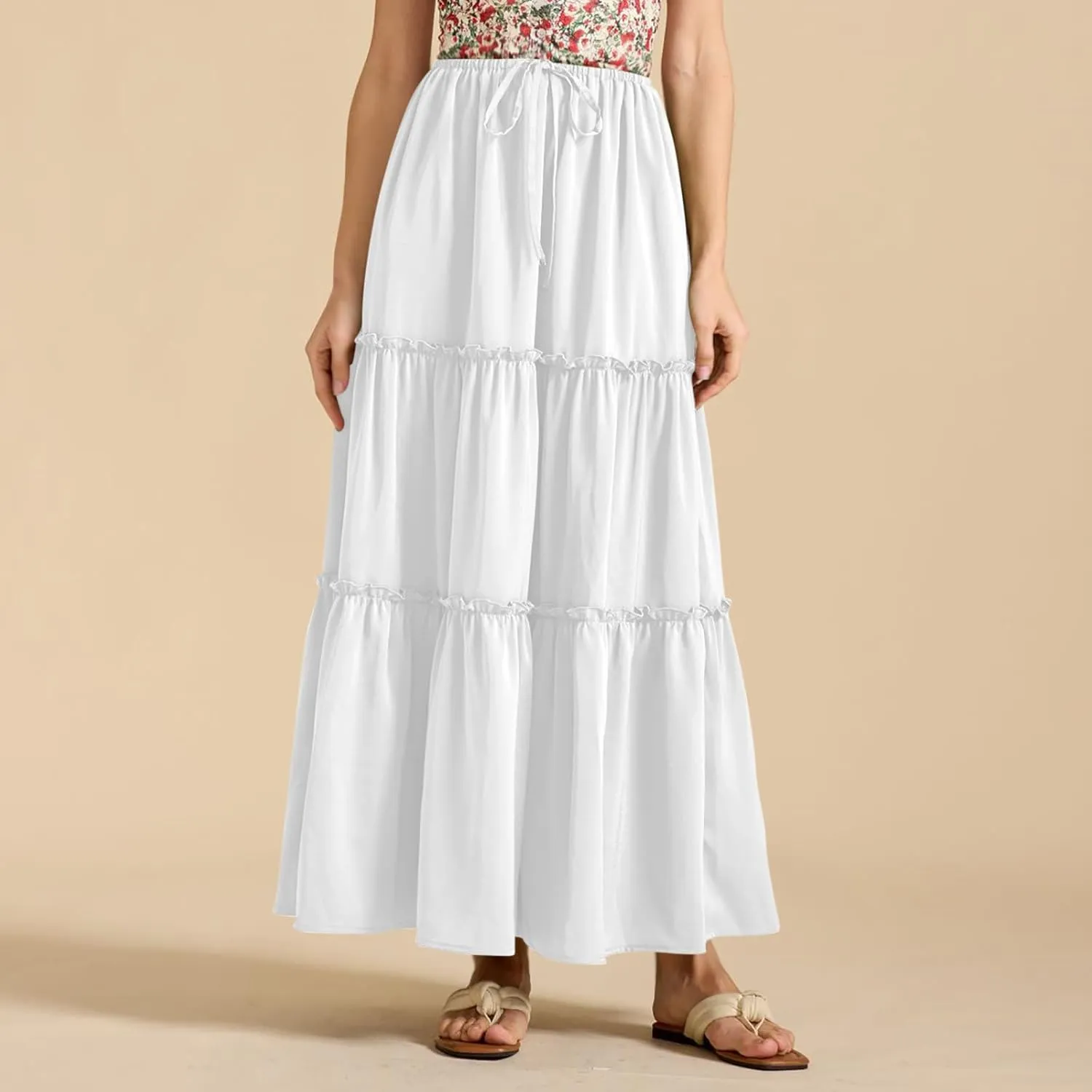 Womens Maxi Skirts Summer Solid Color High Waist Pleated A Line Swing Tiered Skirt Casual Fashion Flowy Boho Skirts