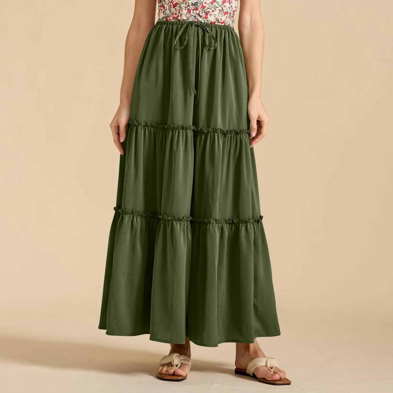 Womens Maxi Skirts Summer Solid Color High Waist Pleated A Line Swing Tiered Skirt Casual Fashion Flowy Boho Skirts
