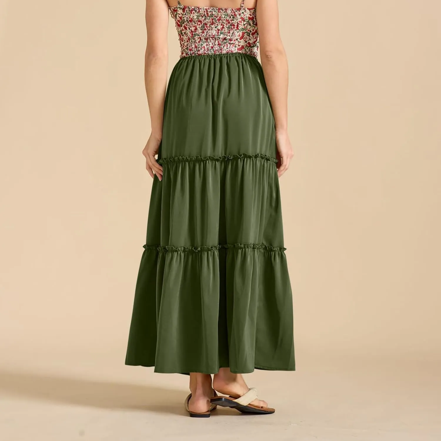 Womens Maxi Skirts Summer Solid Color High Waist Pleated A Line Swing Tiered Skirt Casual Fashion Flowy Boho Skirts