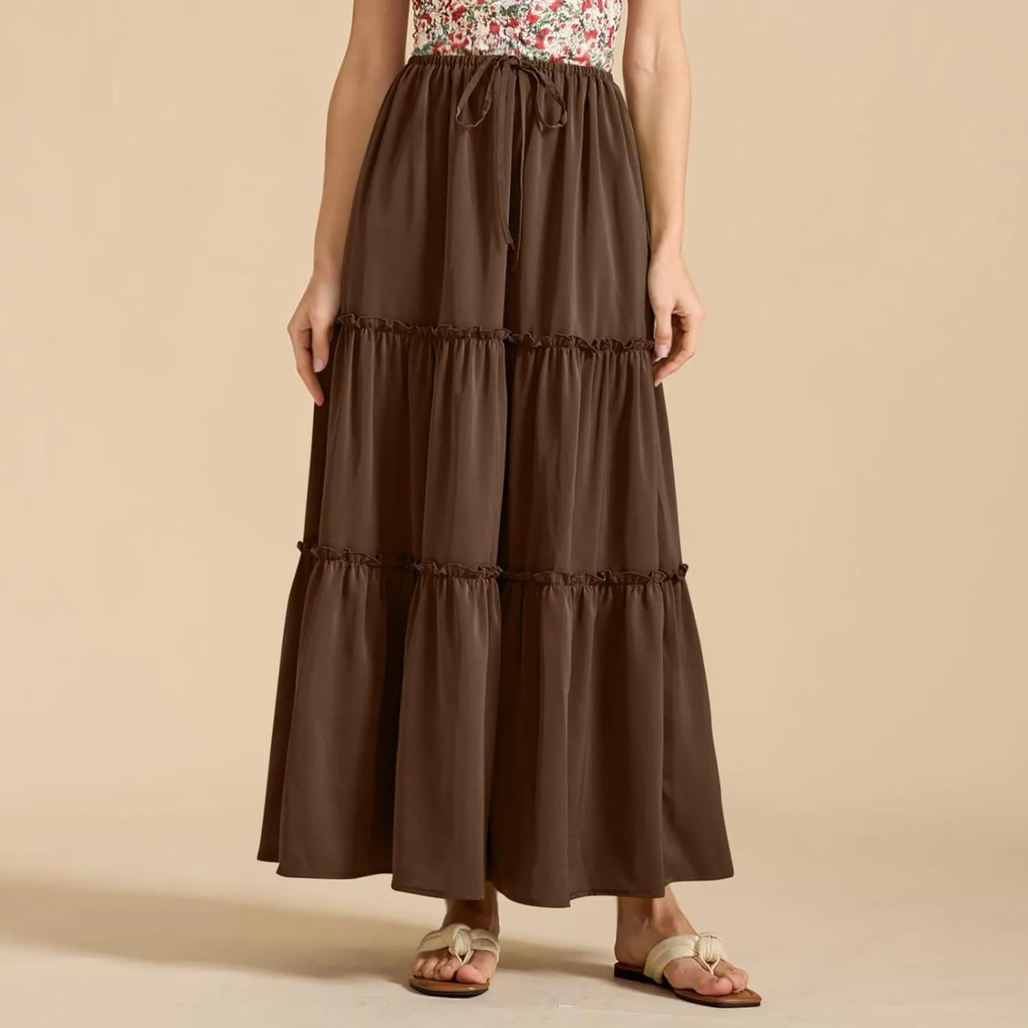 Womens Maxi Skirts Summer Solid Color High Waist Pleated A Line Swing Tiered Skirt Casual Fashion Flowy Boho Skirts
