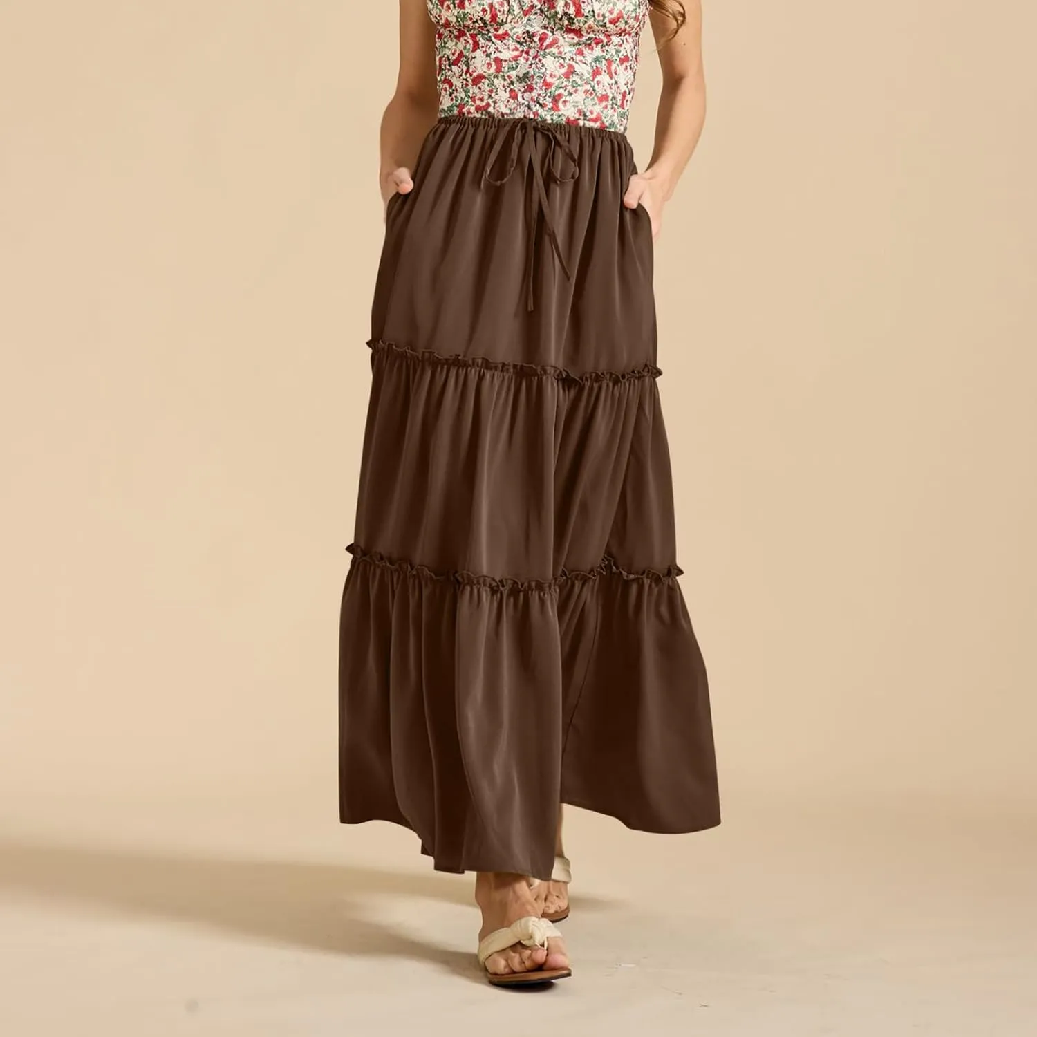 Womens Maxi Skirts Summer Solid Color High Waist Pleated A Line Swing Tiered Skirt Casual Fashion Flowy Boho Skirts