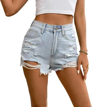 Women's Mid Ripped High Waisted Distressed Denim Shorts Frayed Raw Hem Casual Denim Shorts