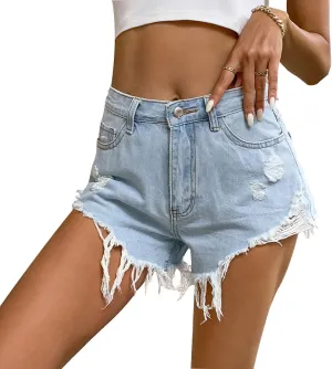 Women's Mid Ripped High Waisted Distressed Denim Shorts Frayed Raw Hem Casual Denim Shorts