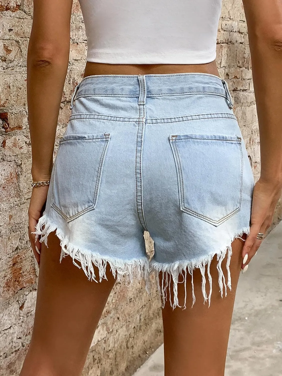 Women's Mid Ripped High Waisted Distressed Denim Shorts Frayed Raw Hem Casual Denim Shorts