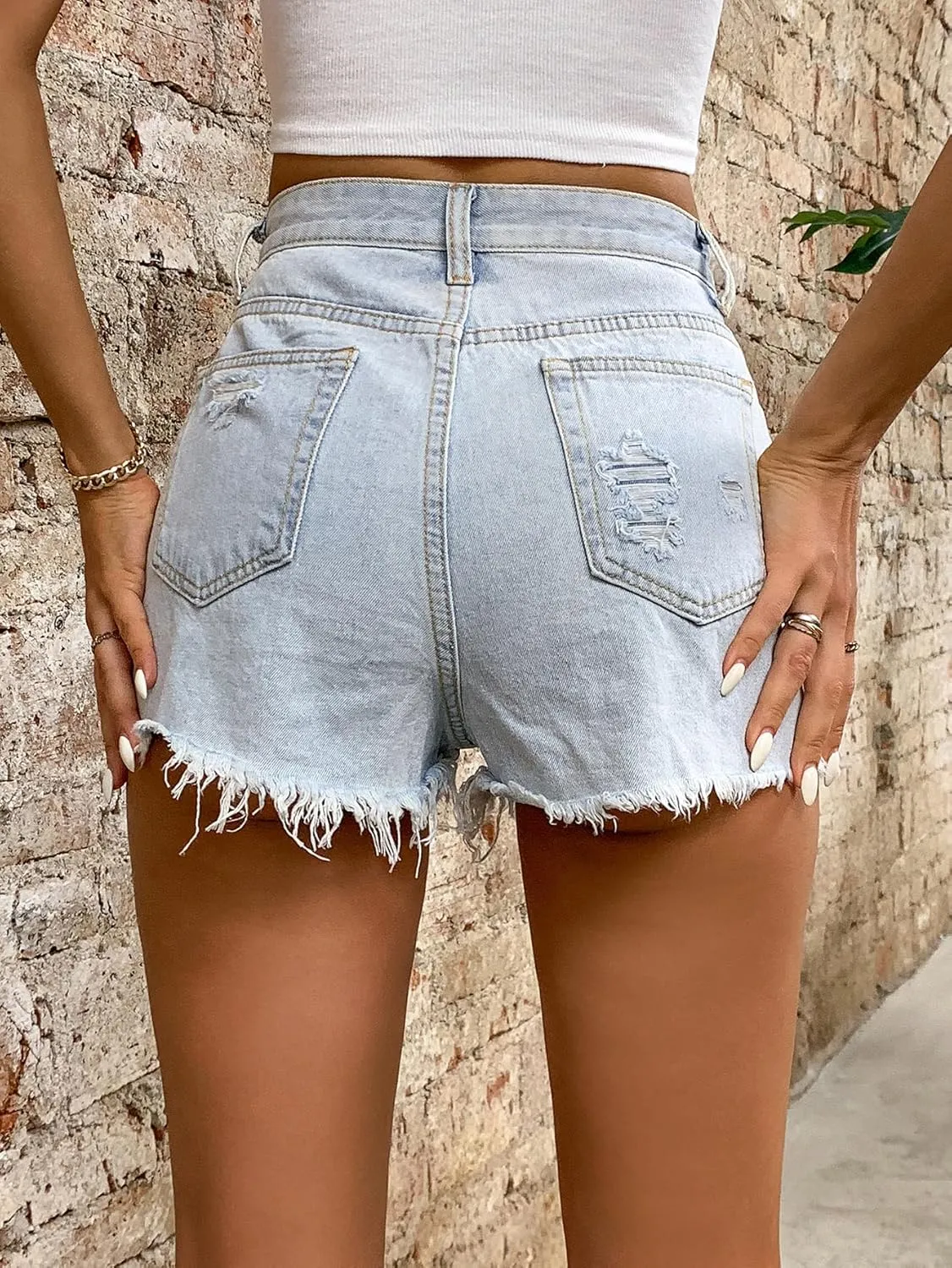 Women's Mid Ripped High Waisted Distressed Denim Shorts Frayed Raw Hem Casual Denim Shorts
