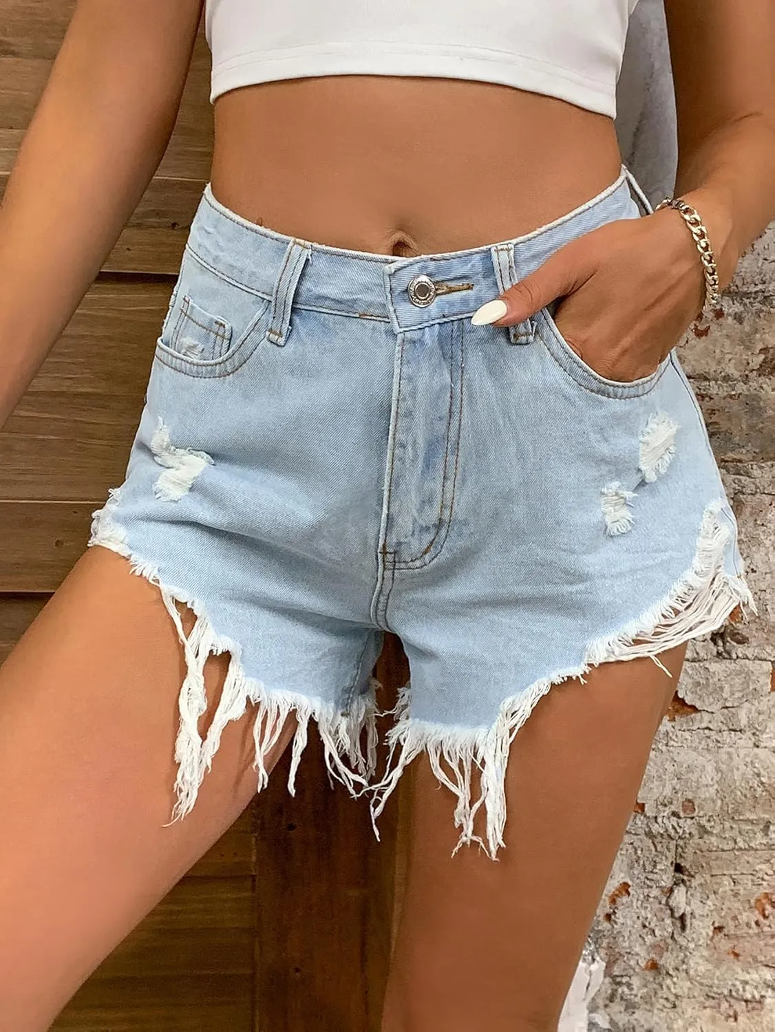 Women's Mid Ripped High Waisted Distressed Denim Shorts Frayed Raw Hem Casual Denim Shorts