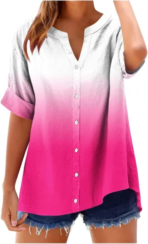 Womens Ombre Summer Shirts Gradient Color Short Sleeve Vacation Tunic Tops Oversized Tshirts V Neck Blouses Tops