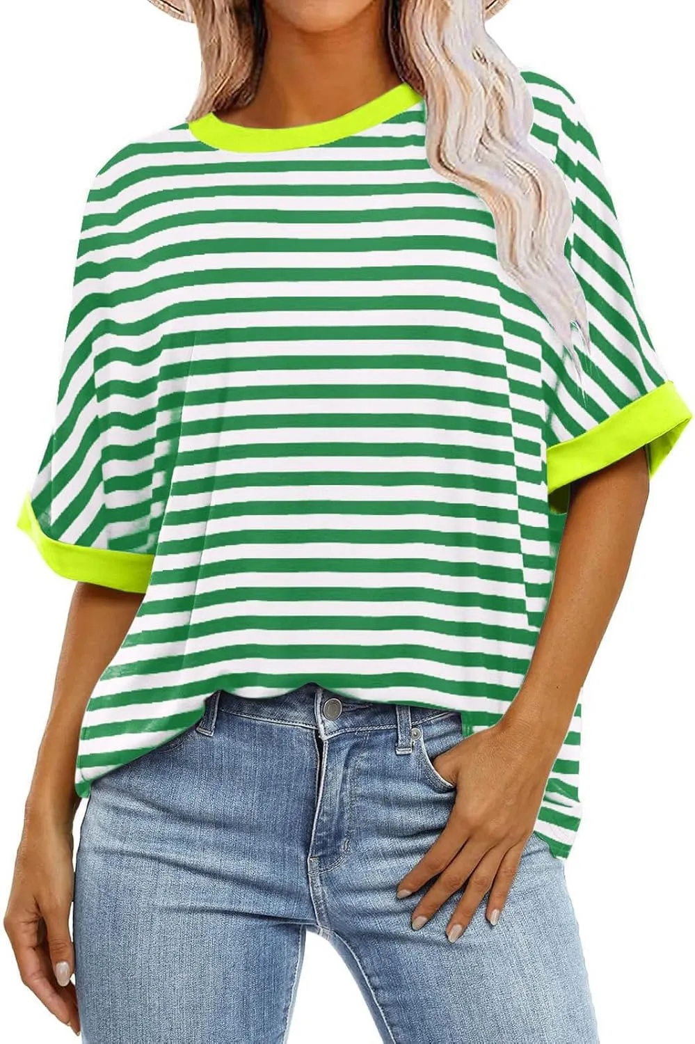 Womens Oversized T Shirts Loose Fit Crewneck Short Sleeve Casual Blouse Y2K Tee Tops Oversized Striped Shirts