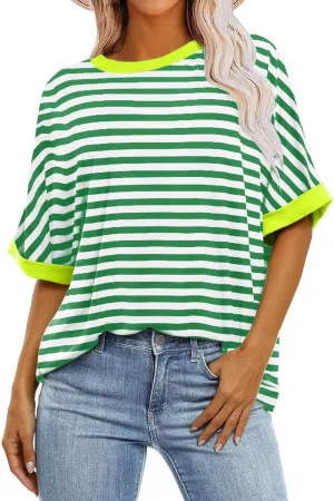 Womens Oversized T Shirts Loose Fit Crewneck Short Sleeve Casual Blouse Y2K Tee Tops Oversized Striped Shirts