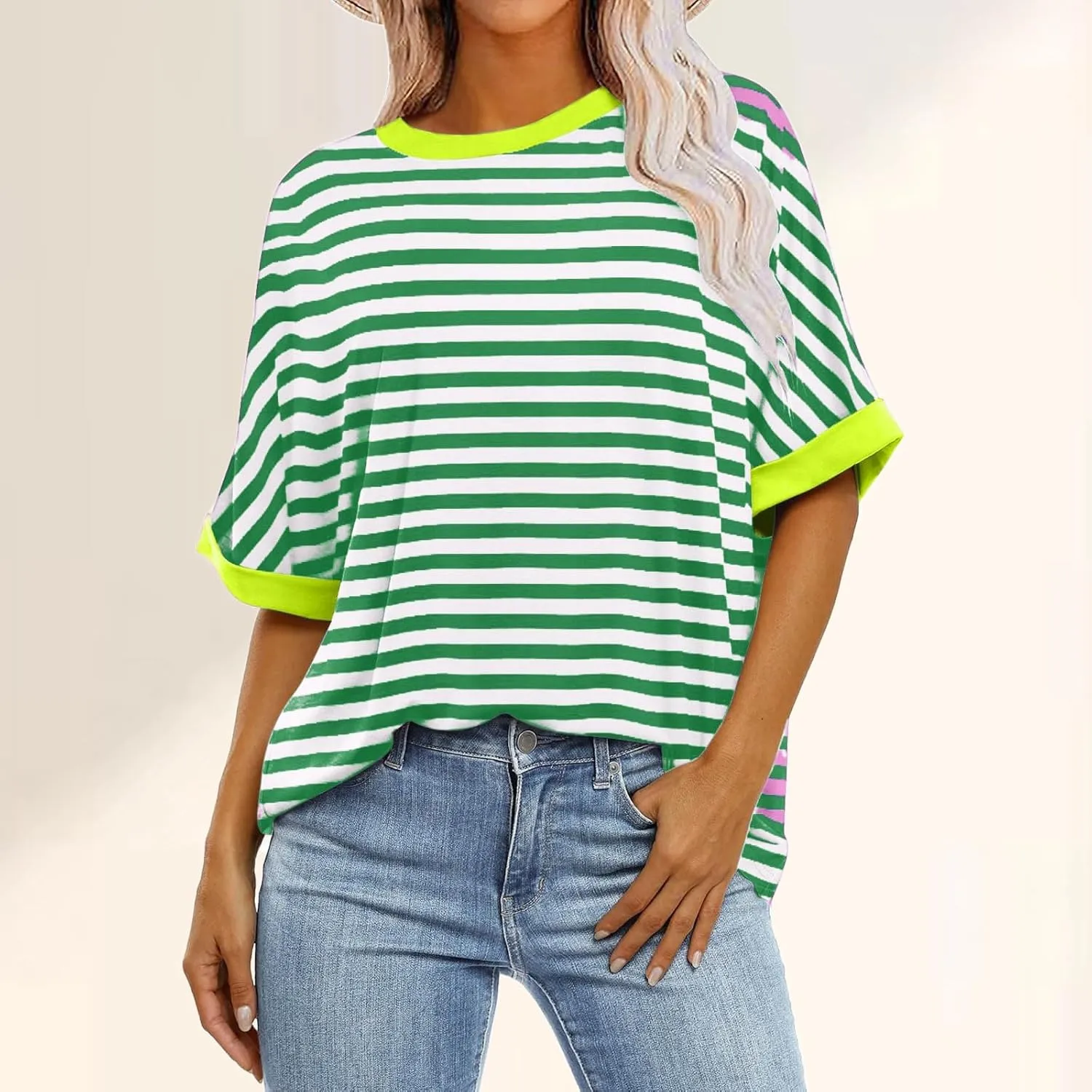 Womens Oversized T Shirts Loose Fit Crewneck Short Sleeve Casual Blouse Y2K Tee Tops Oversized Striped Shirts