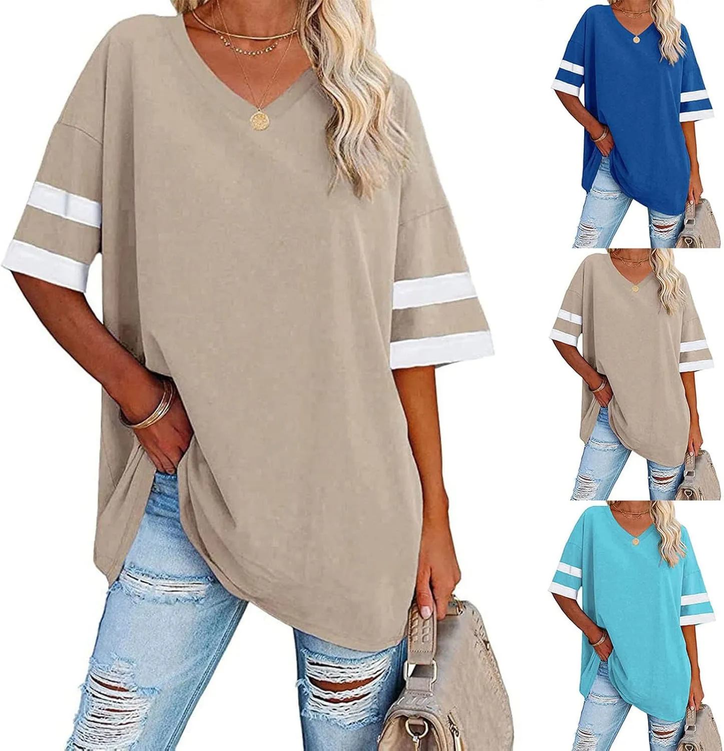 Women's Oversized T Shirts Short Sleeve Crewneck Summer Tops Casual Loose Tee Shirts with Stripe is on The Arms
