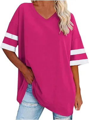 Women's Oversized T Shirts Short Sleeve Crewneck Summer Tops Casual Loose Tee Shirts with Stripe is on The Arms