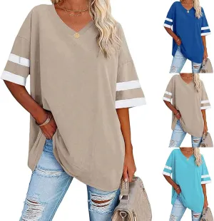 Women's Oversized T Shirts Short Sleeve Crewneck Summer Tops Casual Loose Tee Shirts with Stripe is on The Arms
