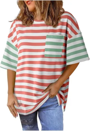 Womens Oversized Tees Color Block Striped Tshirts Summer Casual Short Sleeve Tops Loose Fit Crew Neck Shirts