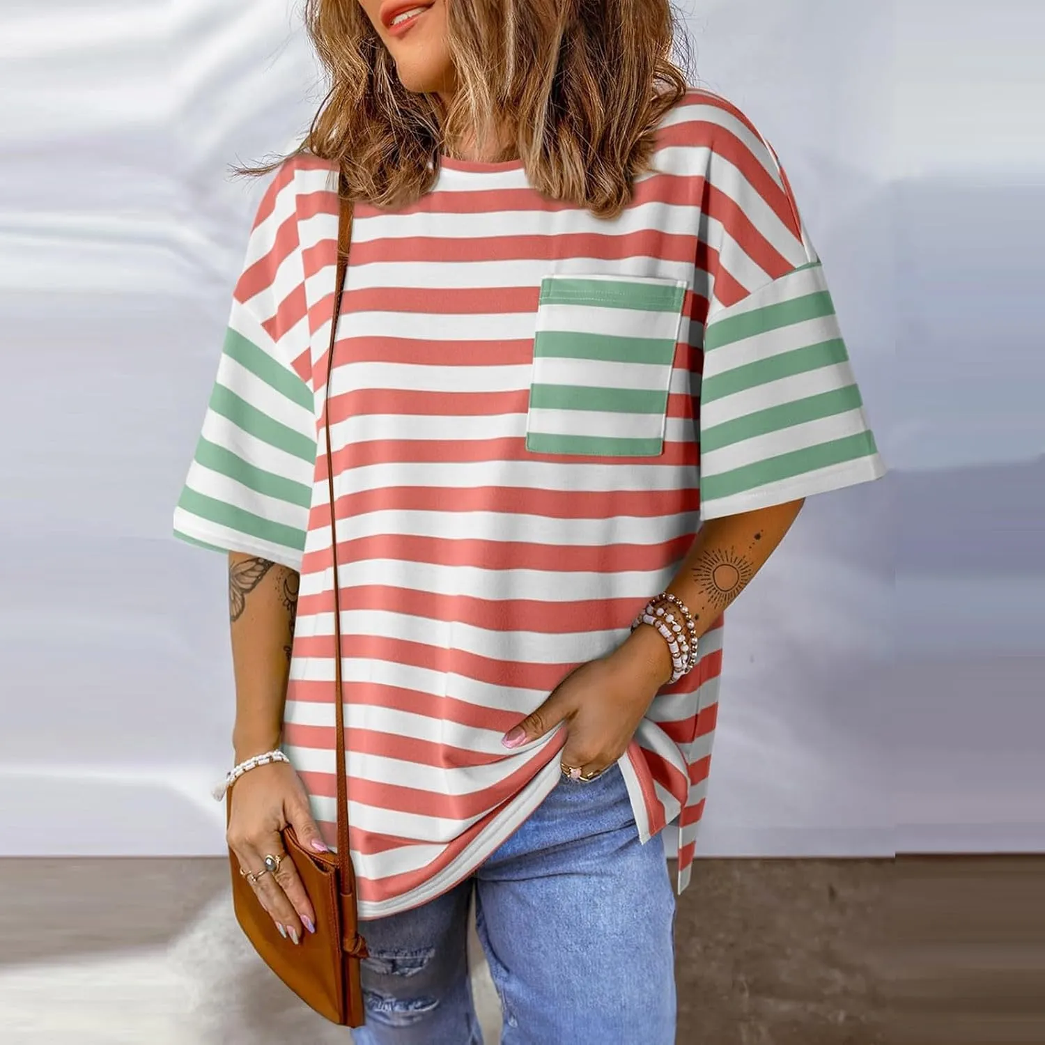 Womens Oversized Tees Color Block Striped Tshirts Summer Casual Short Sleeve Tops Loose Fit Crew Neck Shirts