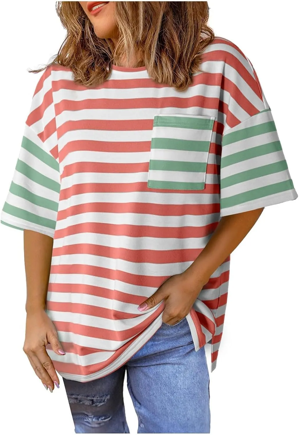 Womens Oversized Tees Color Block Striped Tshirts Summer Casual Short Sleeve Tops Loose Fit Crew Neck Shirts