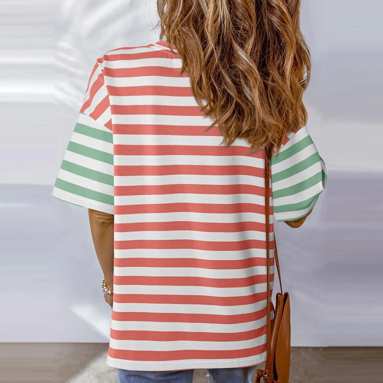 Womens Oversized Tees Color Block Striped Tshirts Summer Casual Short Sleeve Tops Loose Fit Crew Neck Shirts