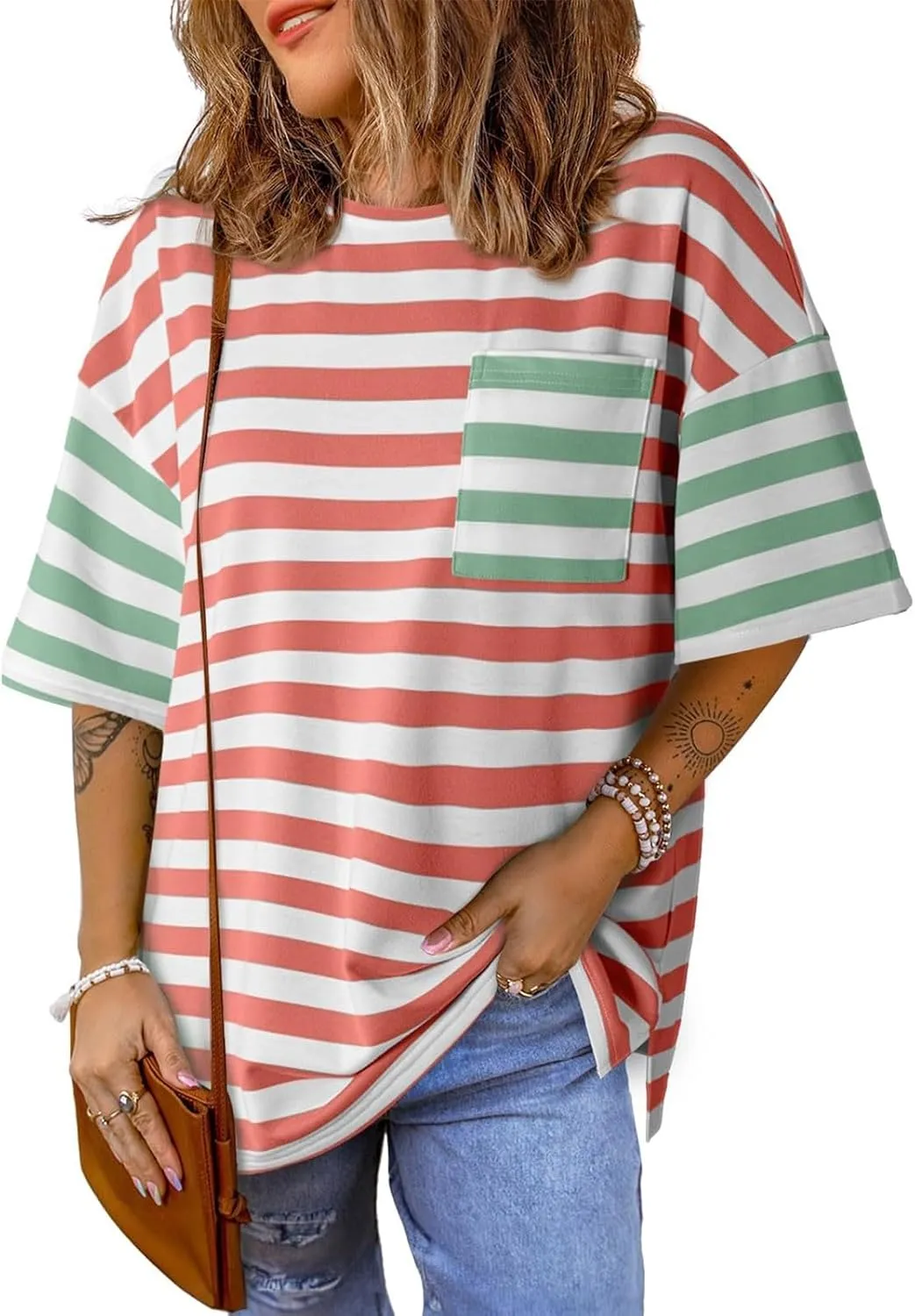Womens Oversized Tees Color Block Striped Tshirts Summer Casual Short Sleeve Tops Loose Fit Crew Neck Shirts