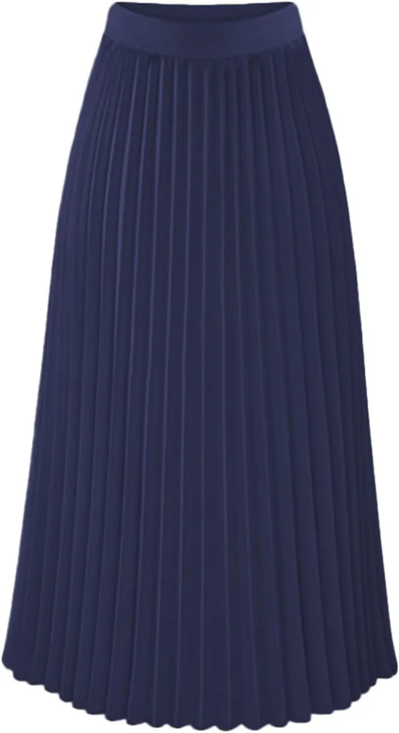 Women's Pleated Skirt Elastic High Waist A-Line Midi Length Skirts Solid Color Basic Casual Summer Long Skirt