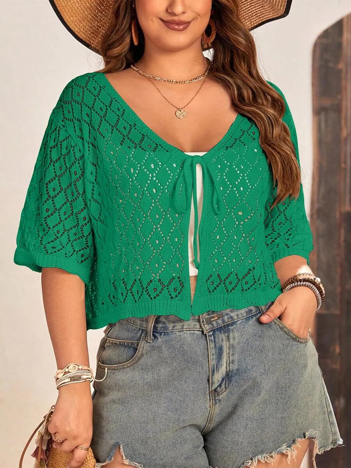 Women's Plus Size Crochet Cardigan Crop Short Sleeves Tie Front Lightweight Knitwear